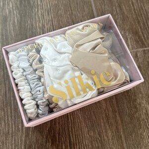 New SILKIE Set 100% Pure Mulberry Silk Light Neutral Skinny Scrunchies Hair Ties